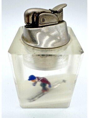 Vintage Evans Lucite Acrylic Downhill Skier Table Lighter Diorama Winter Sports